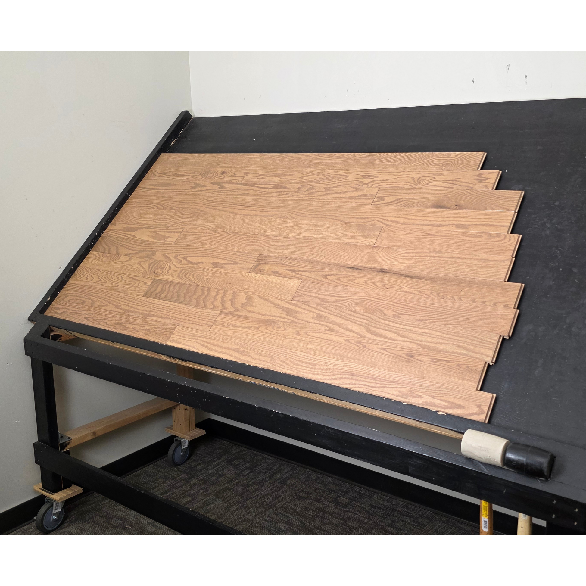 3 1/4" x 3/4" Solid Red Oak Marcy Hardwood Flooring. Shown on a black shooting table. Shot from wide right.