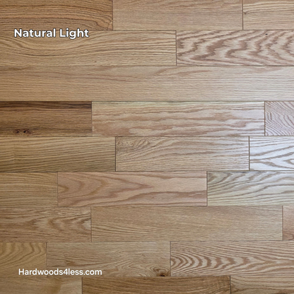 3 1/4" x 3/4" Solid Red Oak Natural Rustic Shorts Hardwood Flooring. Shown in natural light.