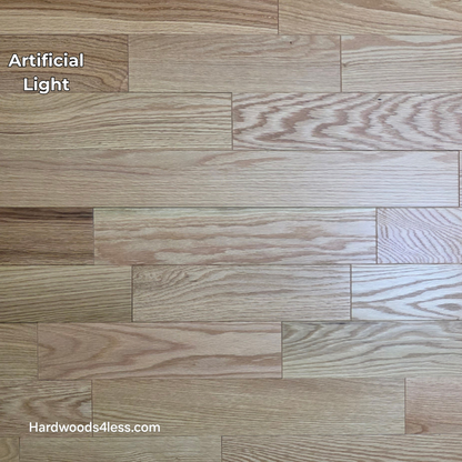 3 1/4" x 3/4" Solid Red Oak Natural Rustic Shorts Hardwood Flooring. Shown in natural light.