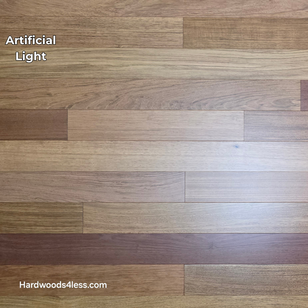 3 1/4" x 3/8" Engineered Brazilian Cherry Hardwood Flooring. Shown in artificial lighting.