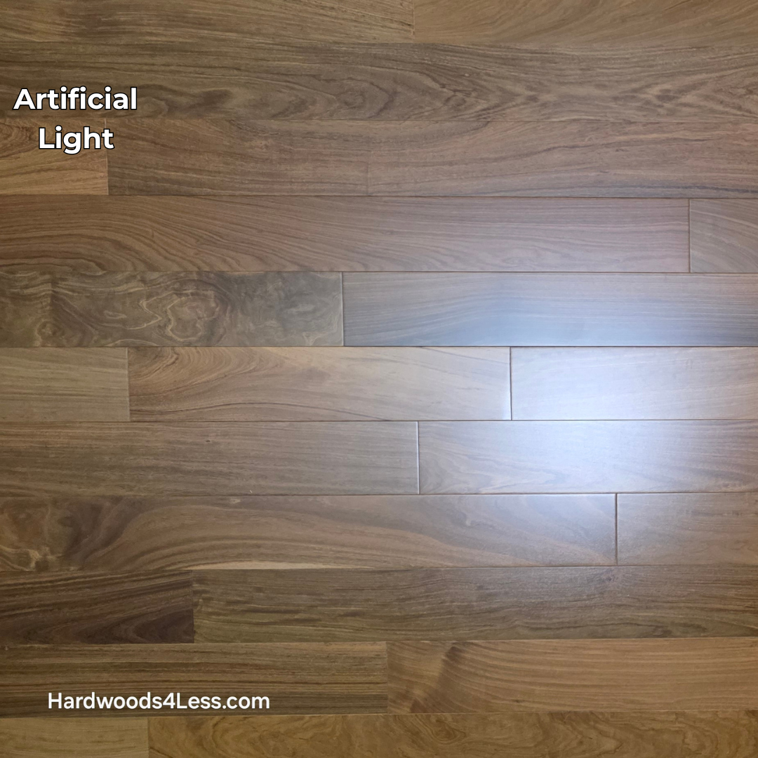 3 1/4" x 3/8" Engineered Brazilian Walnut (IPE) Natural Hardwood Flooring. Shown in artificial lighting. 