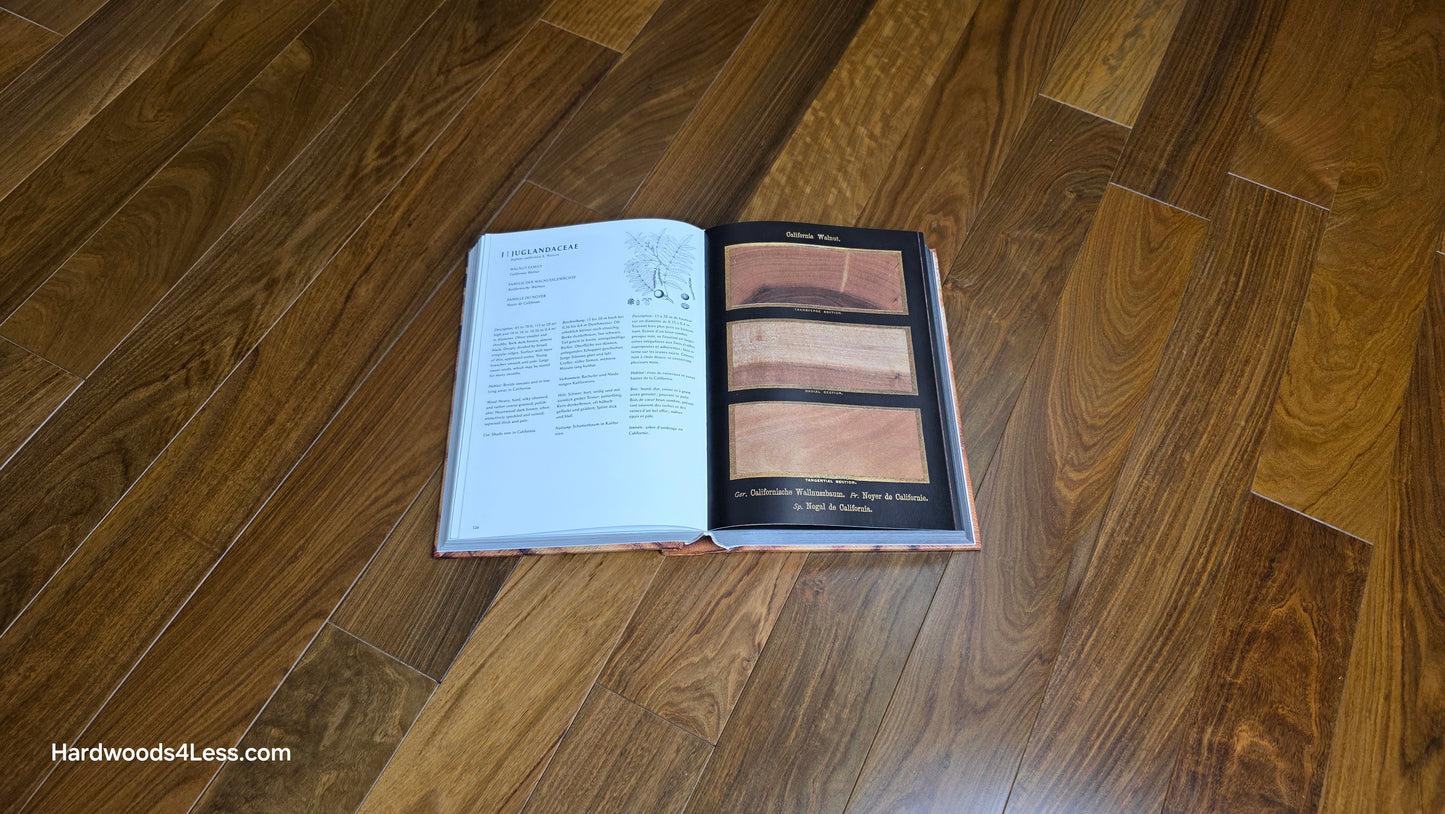 3 1/4" x 3/8" Engineered Brazilian Walnut (IPE) Natural Hardwood Flooring. A Hardwood book is shown in the center. Open to a page labeled California Walnut. Under the book is the Brazilian walnut hardwood flooring.