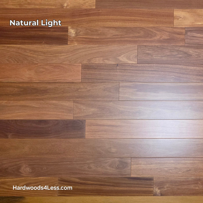 3 1/4" x 3/8" Engineered Santos Mahogany Hardwood Flooring. Shown on a black shooting table. Shown in natural lighting. 