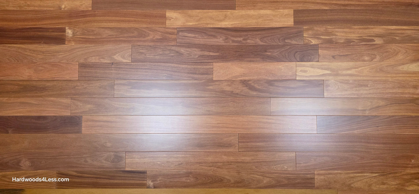 3 1/4" x 3/8" Engineered Santos Mahogany Hardwood Flooring. Shown close up. 