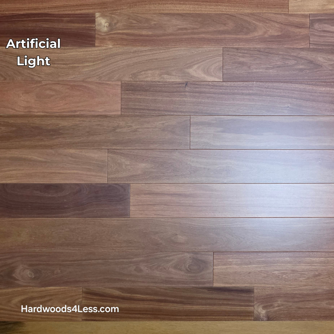 3 1/4" x 3/8" Engineered Santos Mahogany Hardwood Flooring. Shown in artificial lighting.