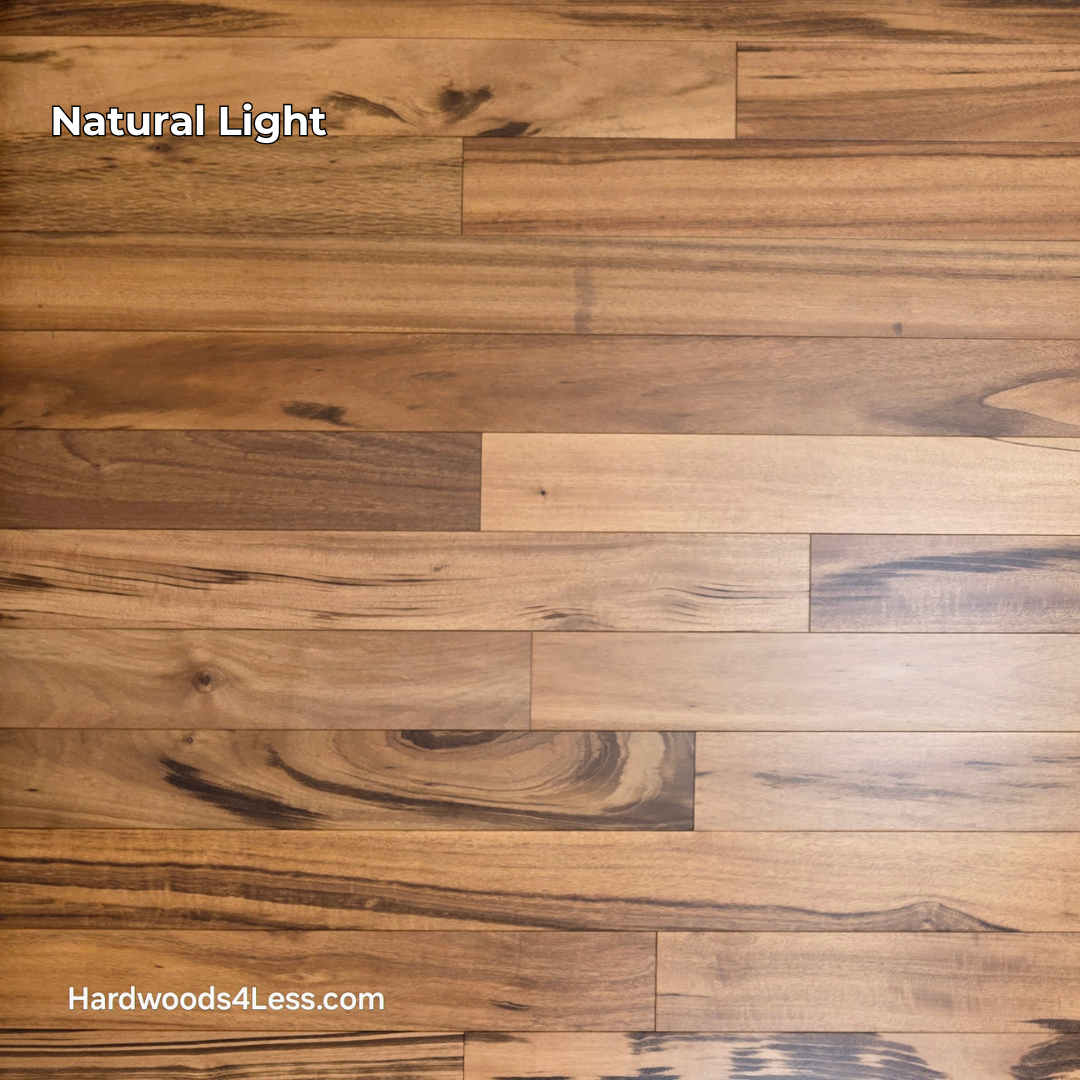 3 1/4" x 3/8" Engineered Tigerwood Hardwood Flooring. Shown in natural lighting.