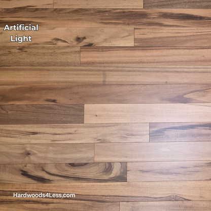3 1/4" x 3/8" Engineered Tigerwood Hardwood Flooring. Shown in artificial lighting.