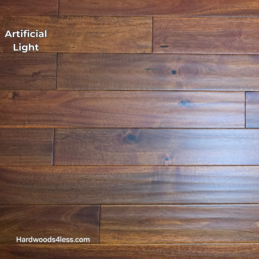 4 3/4" x 3/4" Solid Acacia Ancient Copper Hardwood Flooring. Shown in artificial lighting.