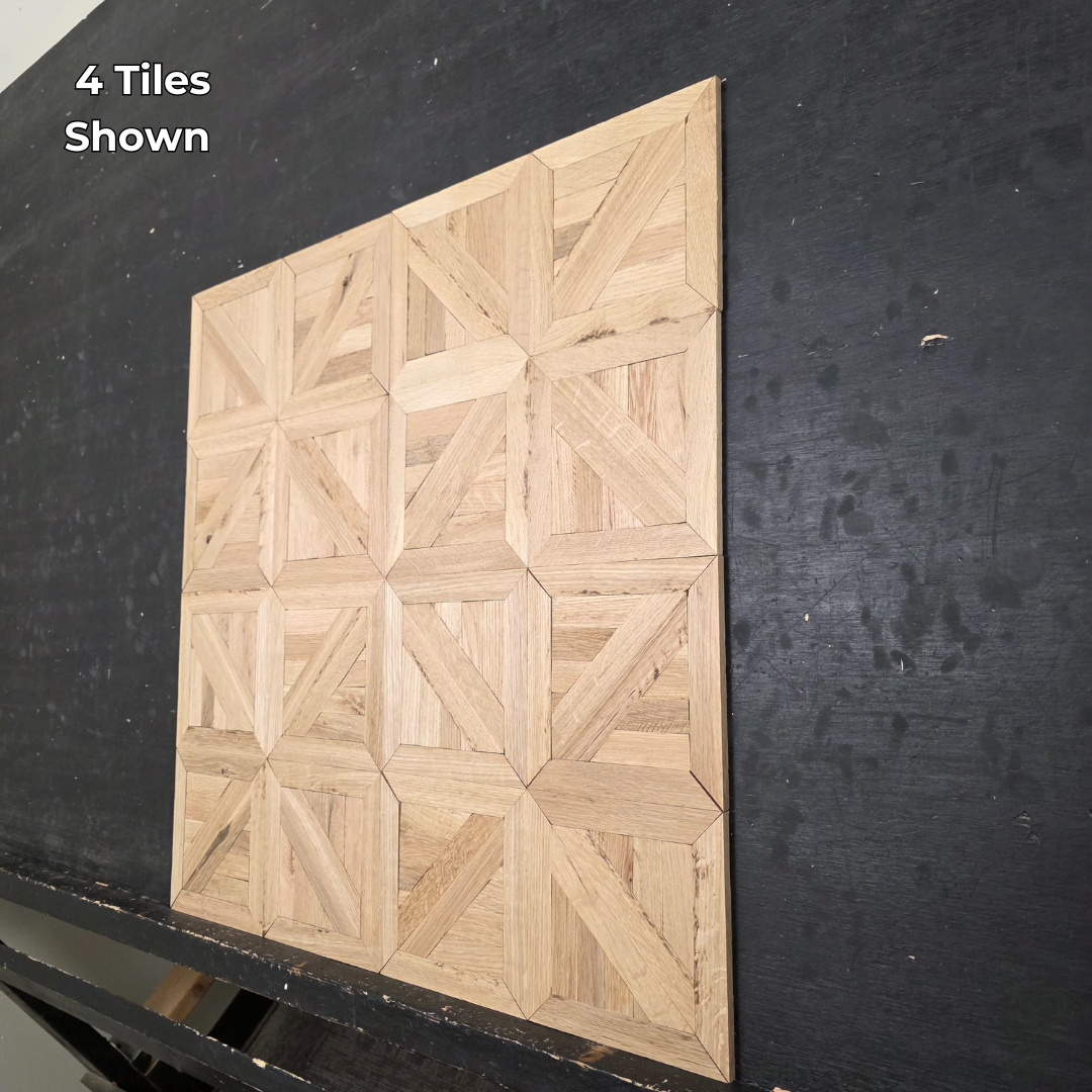 13 5/16" x 13 5/16" x 5/16" Unfinished White Oak Canterbury Parquet Flooring. Shown as 4 tiles. Shot from the right side.  