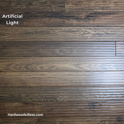 4" x 3/4" Hickory Calico Hardwood Flooring. Shown in artificial lighting. 
