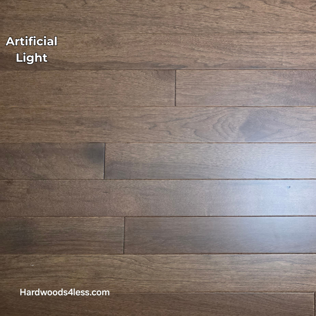 4" x 3/4" Solid Hickory Cortado Hardwood Flooring. Shown in artificial lighting.