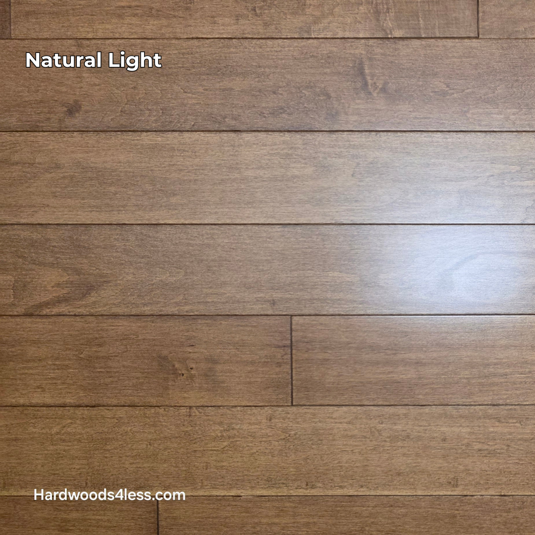 4" x 3/4" Solid Maple Hazelnut Hardwood Flooring. Shown in natural lighting.