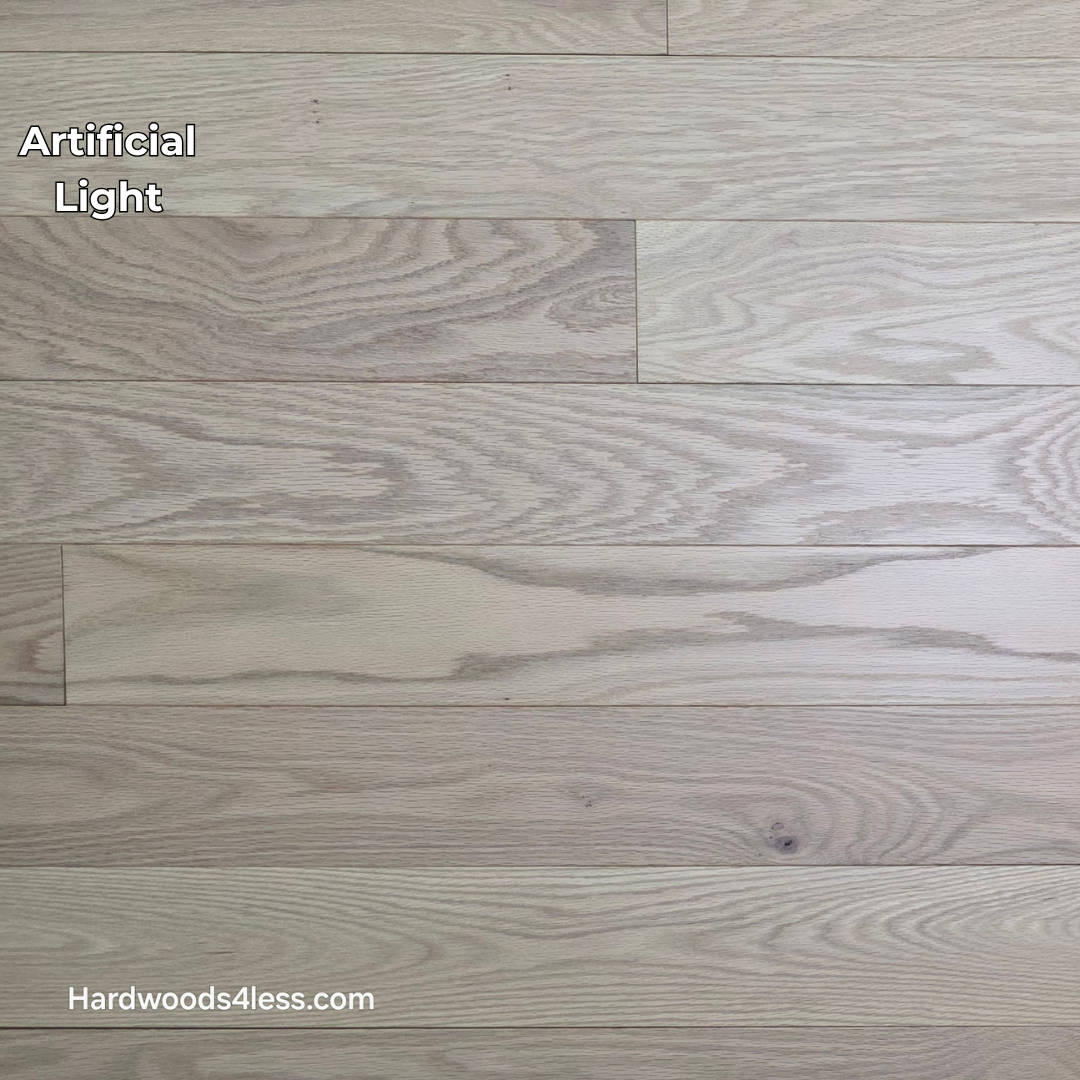 4" x 3/4" Solid Red Oak Doe Hardwood Flooring. Shown in artificial lighting.