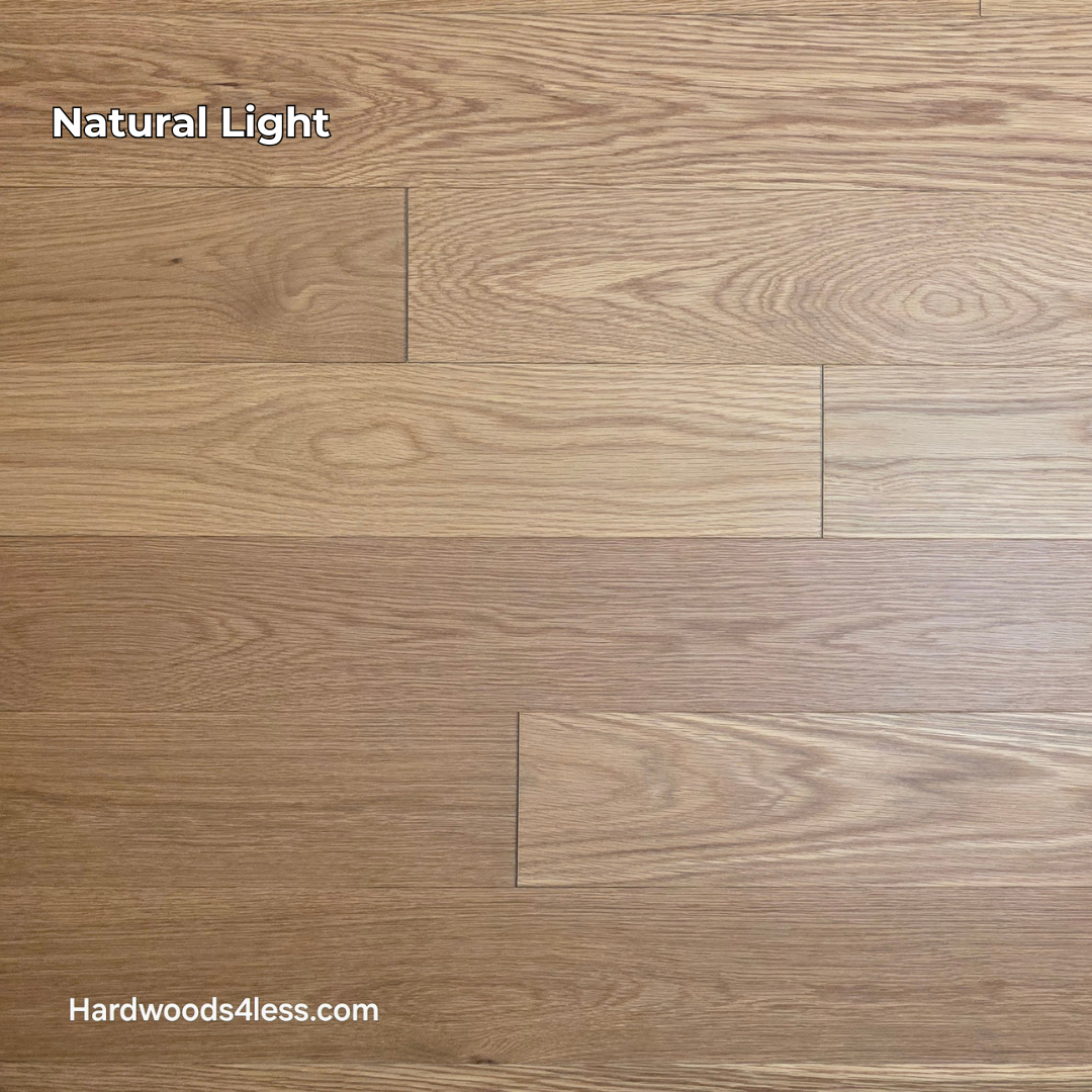 5 1/8" x 1/2"  Engineered White Oak Select & Better Natural Hardwood Flooring. Shown in natural lighting.