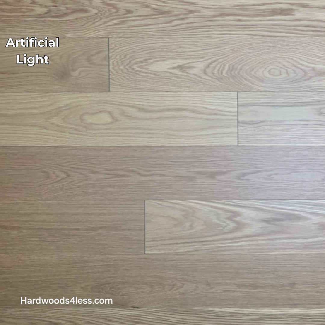 5 1/8" x 1/2"  Engineered White Oak Select & Better Natural Hardwood Flooring. Shown in artificial lighting.