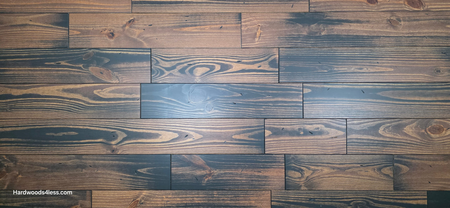 5 1/8" x 3/4" Southern Yellow Pine Charred Solid Hardwood Flooring. Close up.