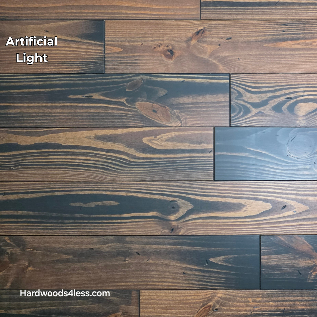 5 1/8" x 3/4" Southern Yellow Pine Charred Solid Hardwood Flooring. Shown in artificial lighting.