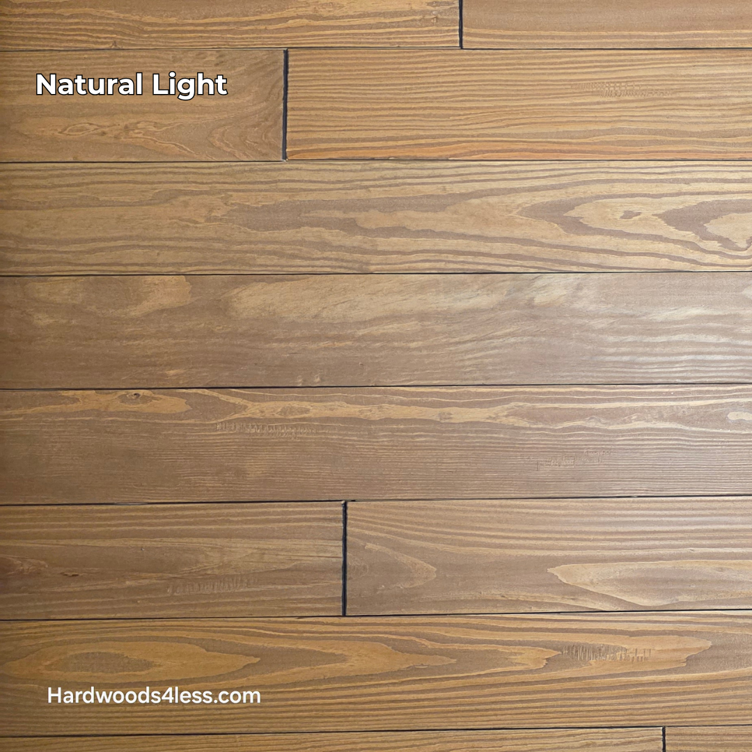 5 1/8" x 3/4" Southern Yellow Pine Ginger Solid Hardwood Flooring. Shown in natural lighting. 