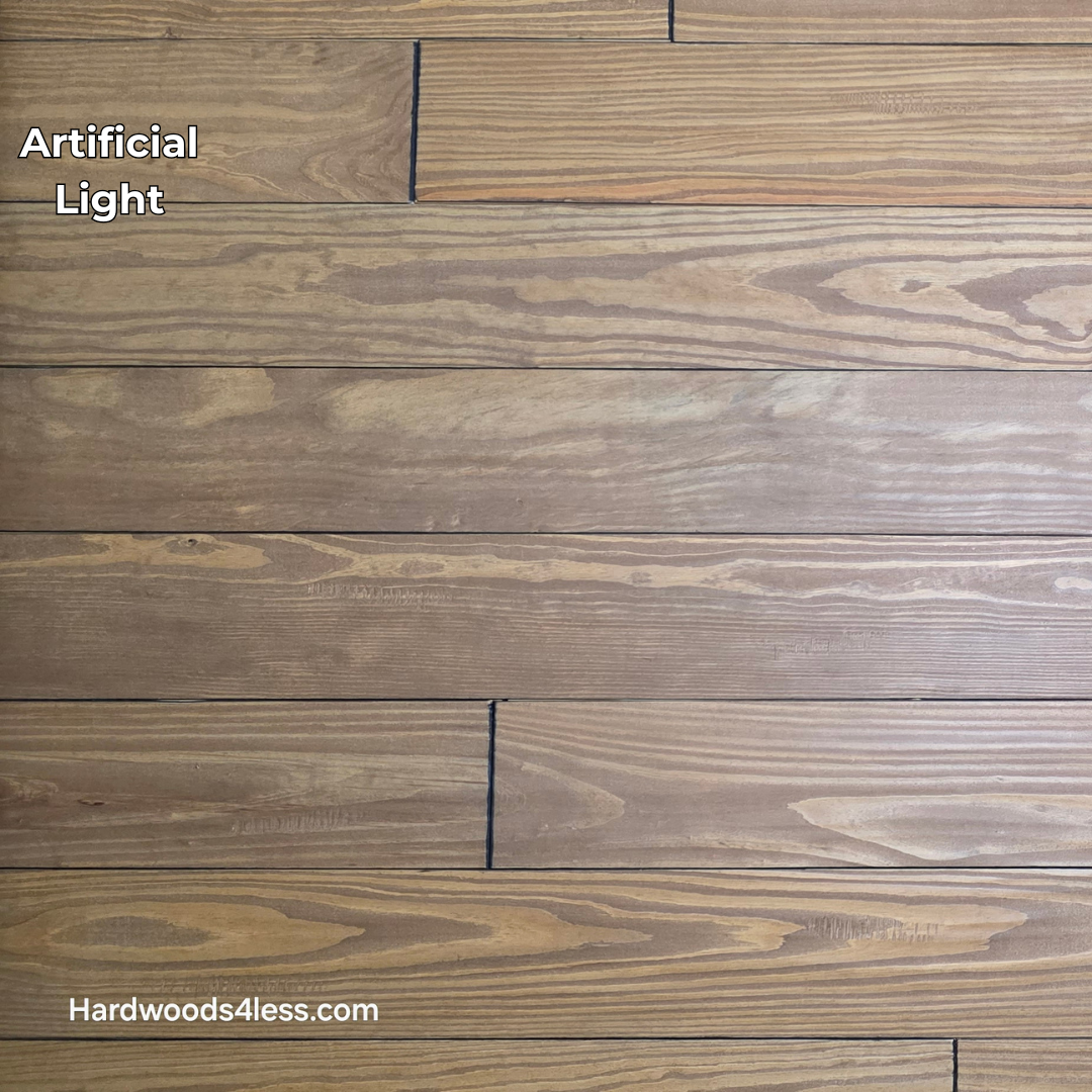 5 1/8" x 3/4" Southern Yellow Pine Ginger Solid Hardwood Flooring. Shown in Artificial lighting. 