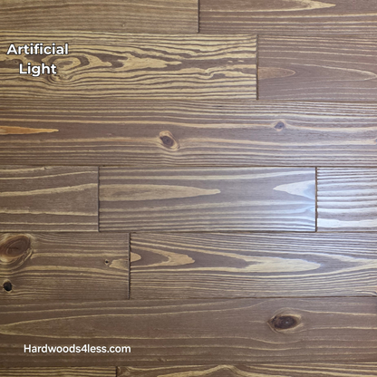 5 1/8" x 3/4" Southern Yellow Pine Nectar Solid Hardwood Flooring. Shown  in artificial lighting. 
