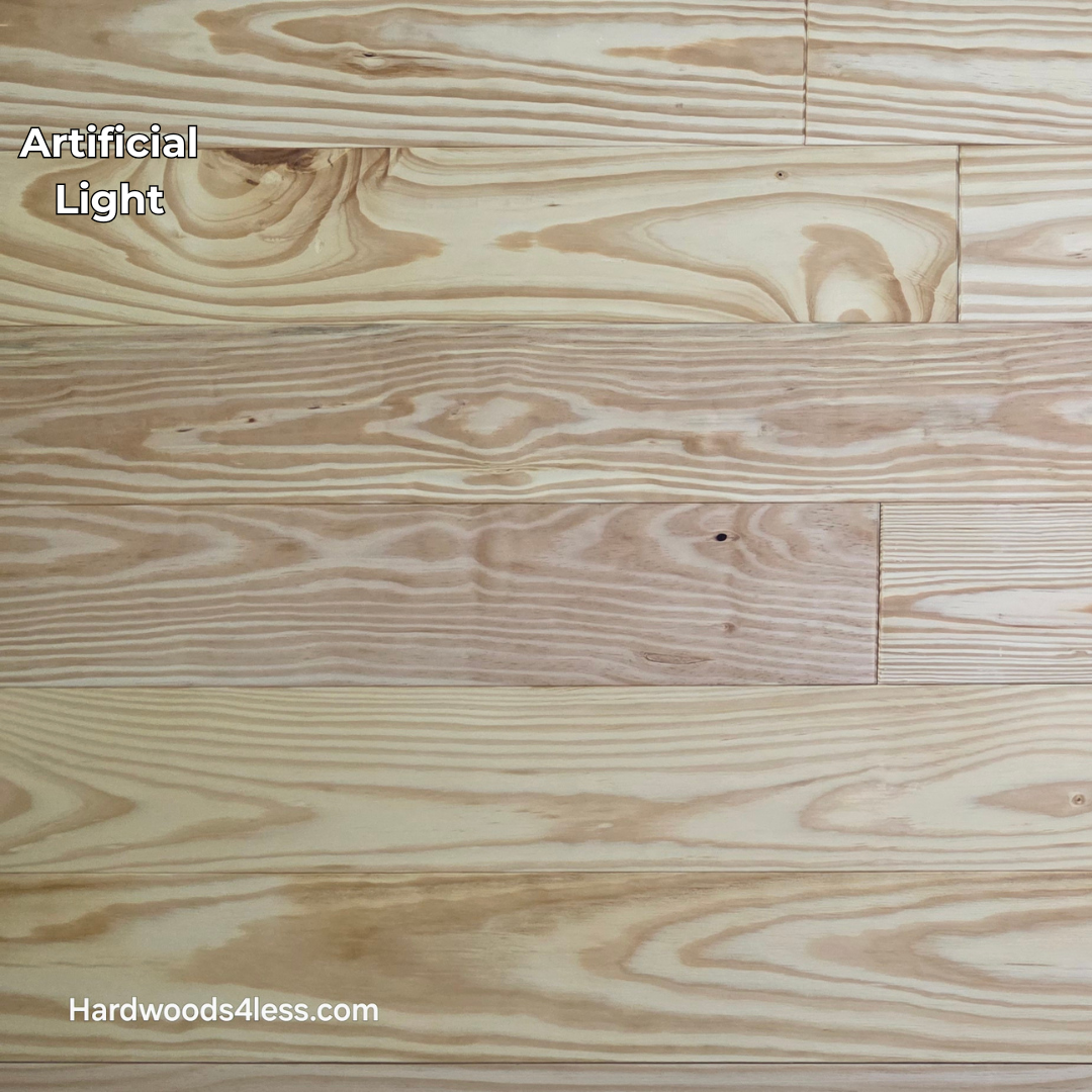 5 1/8" x 3/4" Southern Yellow Pine Wire Brushed Natural Solid Hardwood Flooring. Shown in artificial lighting.