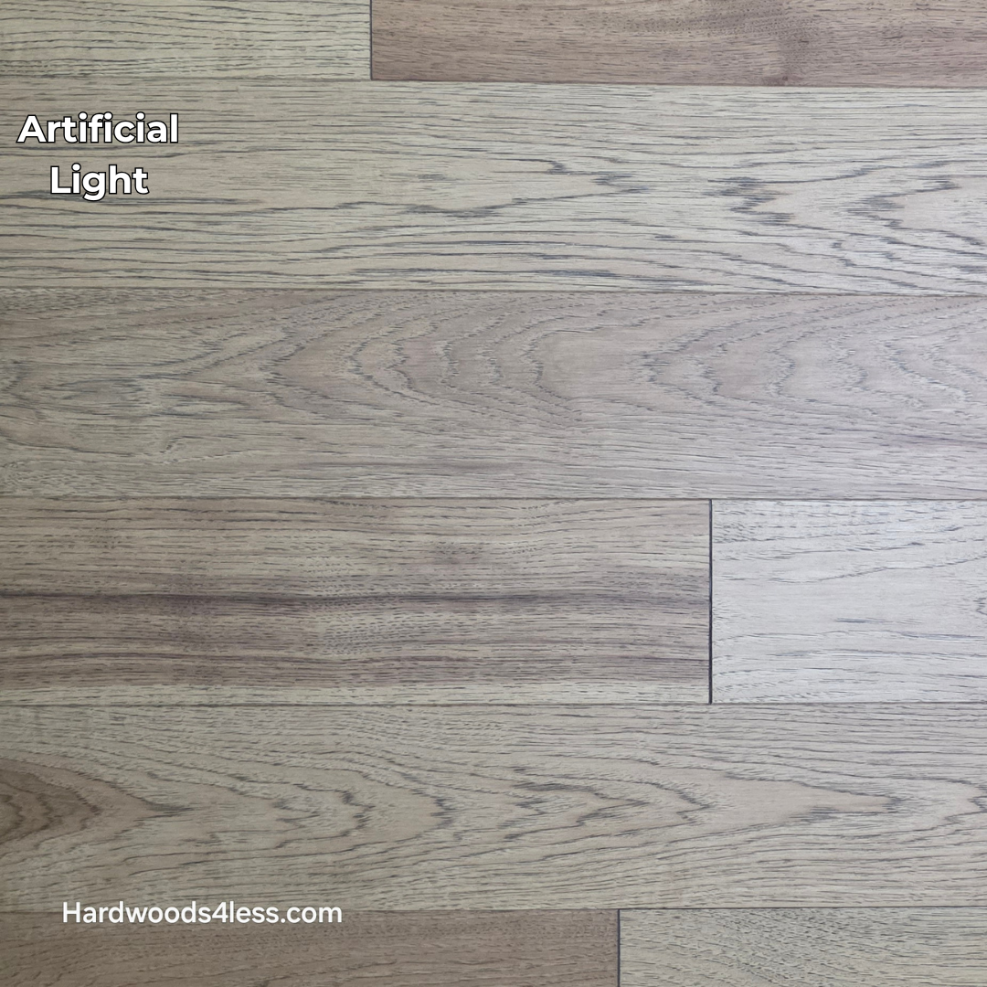 5 38 x 12 Engineered Hickory Cunningham Hardwood Flooring. Shown in artificial lighting. 