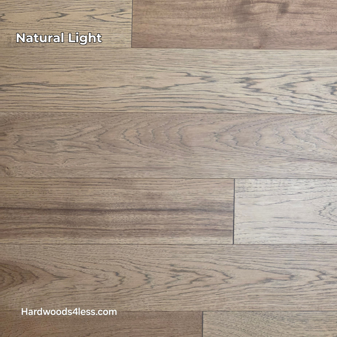 5 38 x 12 Engineered Hickory Cunningham Hardwood Flooring. Shown in natural lighting. 
