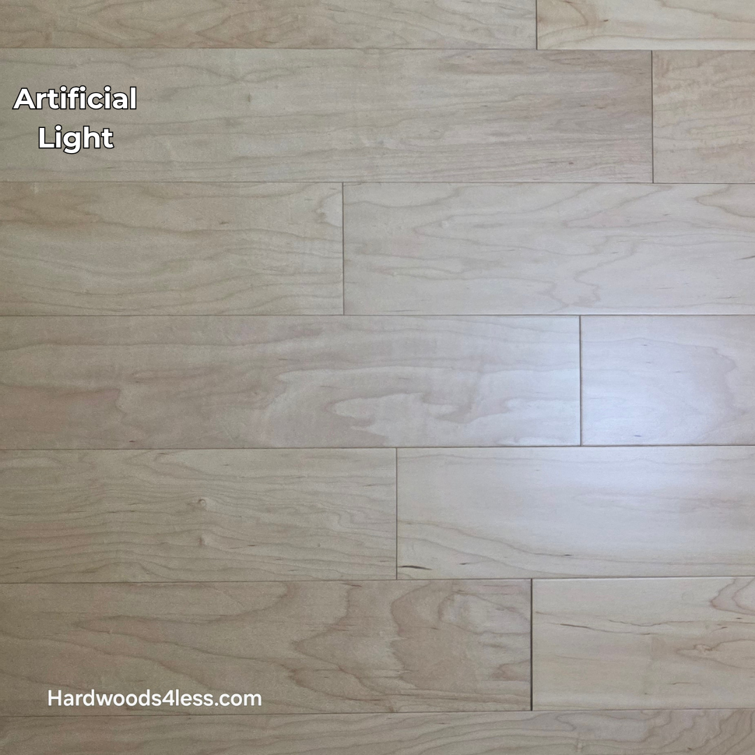 5 3/8" x 3/8" Engineered Maple Natural Hardwood Flooring. Shown in artificial lighting.