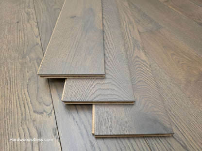 5 7/8" x 9/16" Engineered European Oak Roanoke Ridge Hardwood Flooring shown with three boards stacked atop eachother.