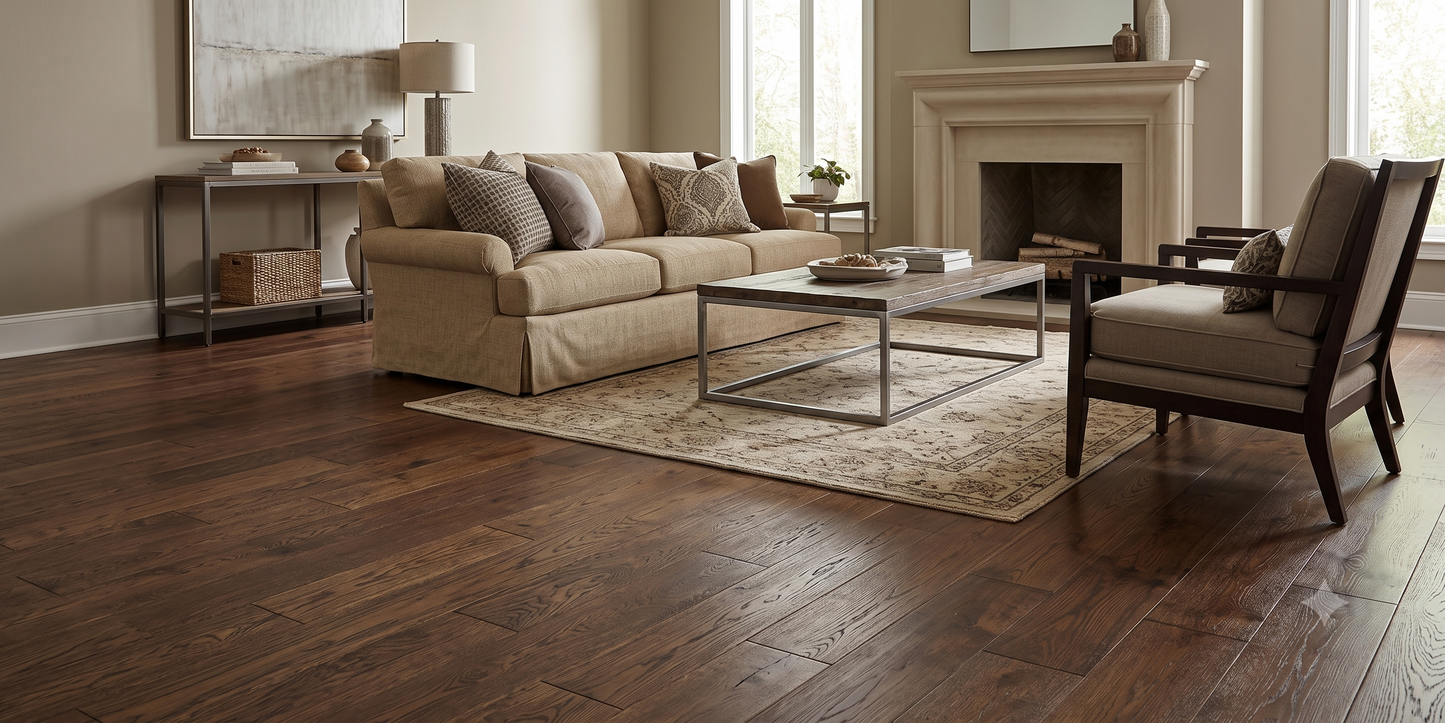 5" x 1/2" Engineered White Oak Britta Shown in a Living Room Setting
