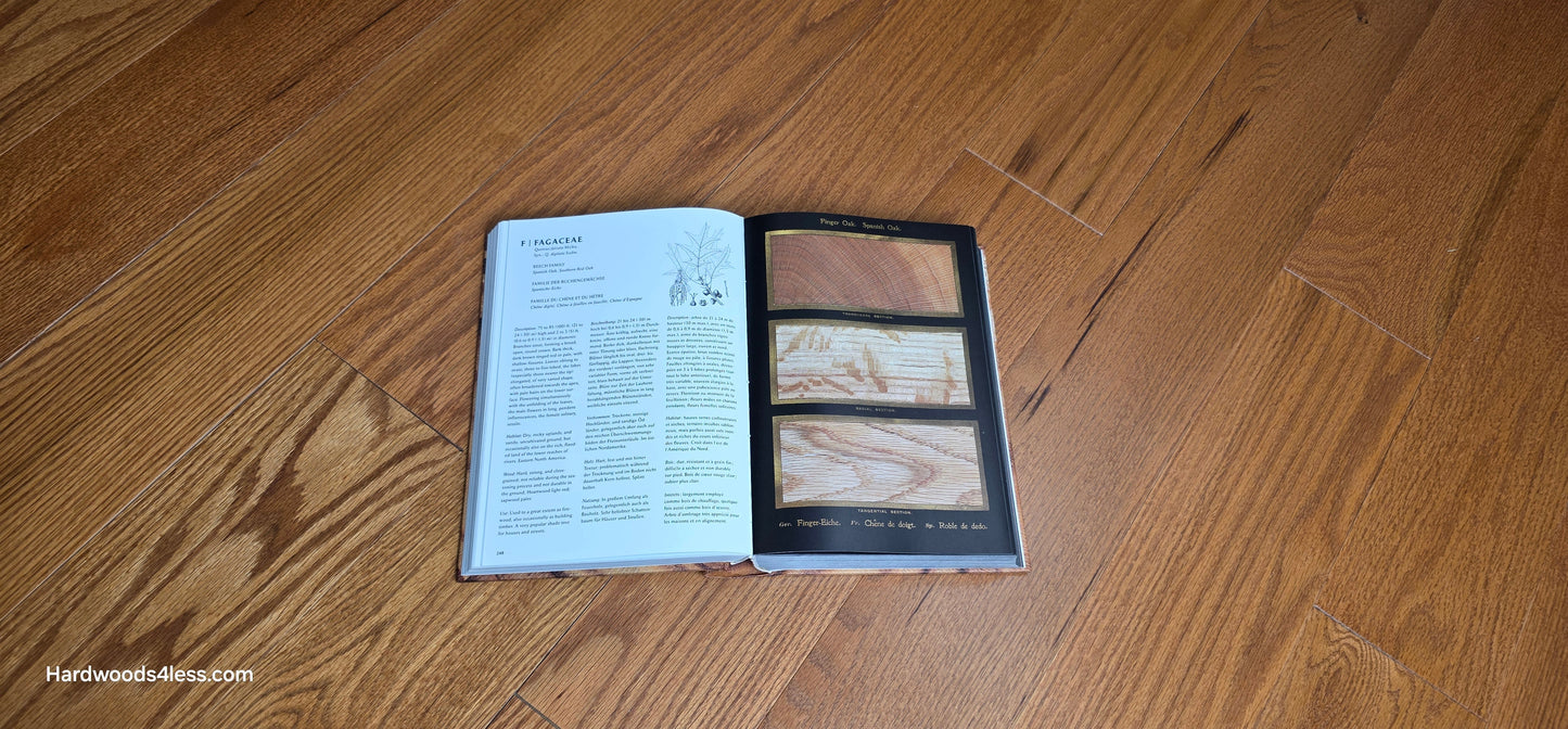5" x 1/2" Engineered Red Oak Golden Oak Hardwood Flooring. A Hardwood book is shown at center. The book is open to a random page and sitting on top of the Golden Oak flooring. 