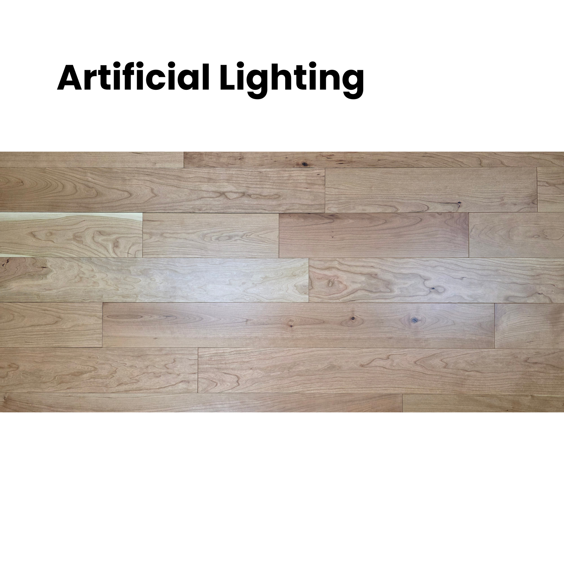 5" x 3/4" American Cherry Natural Hardwood Flooring shown in artificial lighting. 