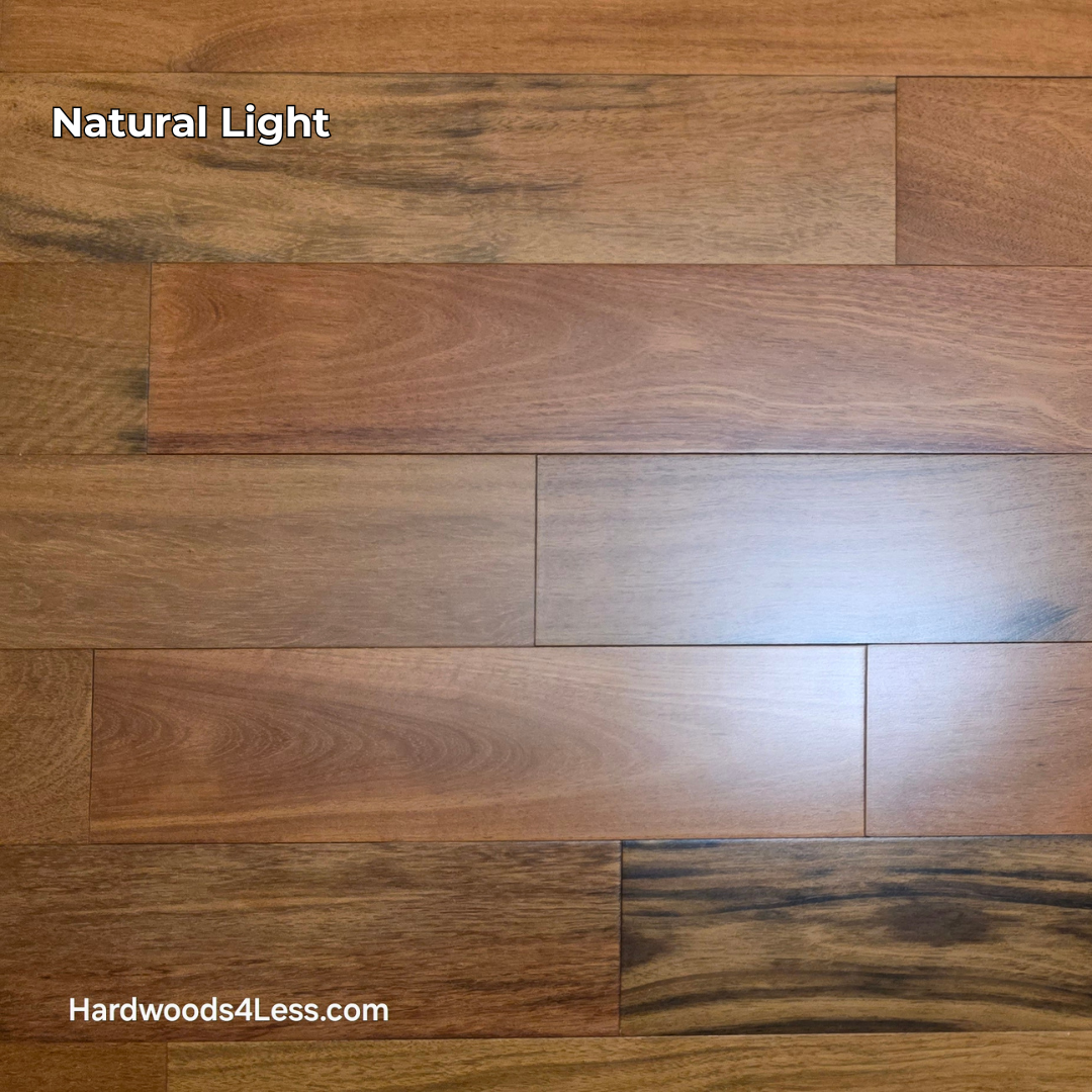 5" x 3/4" Prefinished Brazilian Cherry Shorts Hardwood Flooring. Shown in natural lighting. 
