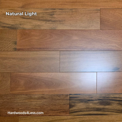 5" x 3/4" Prefinished Brazilian Cherry Shorts Hardwood Flooring. Shown in natural lighting. 