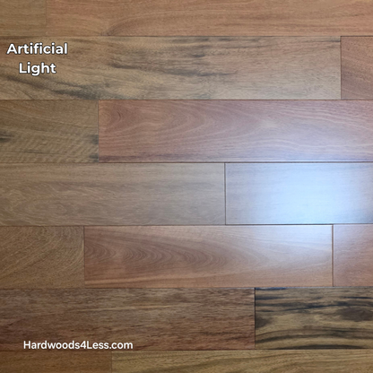 5" x 3/4" Prefinished Brazilian Cherry Shorts Hardwood Flooring. Shown in natural lighting.