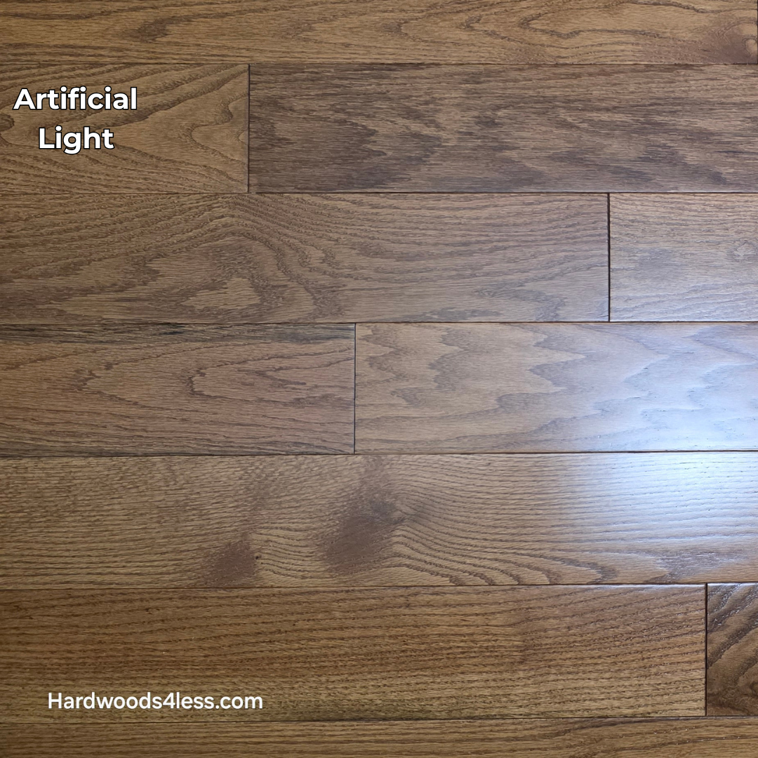 5 x 34 Solid Red Oak Hide Hardwood Flooring. Shown in artificial lighting. 