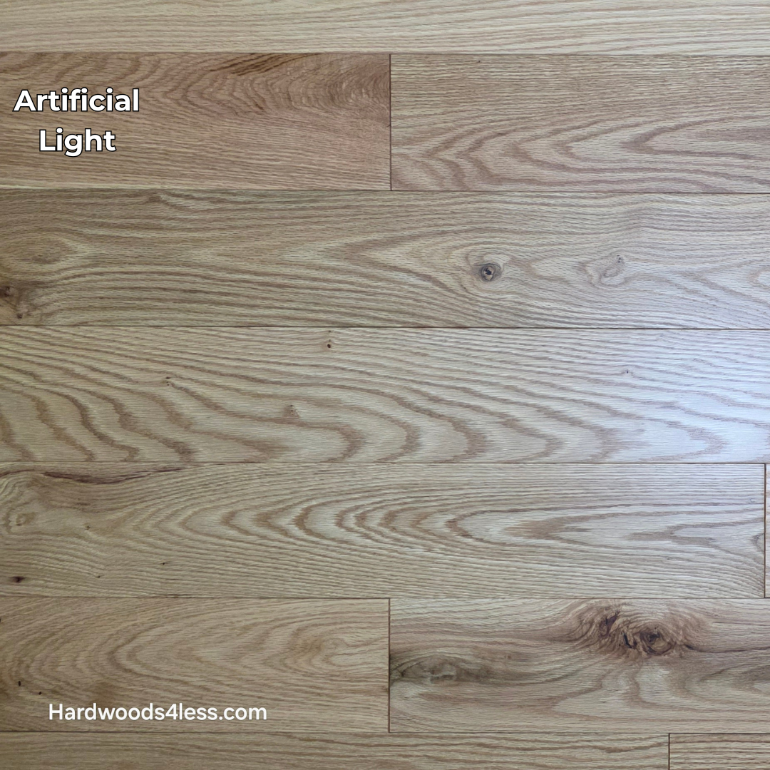 5" x 3/4" Solid Red Oak Low Gloss Common & Better Hardwood Flooring. Shown in artificial lighting. 