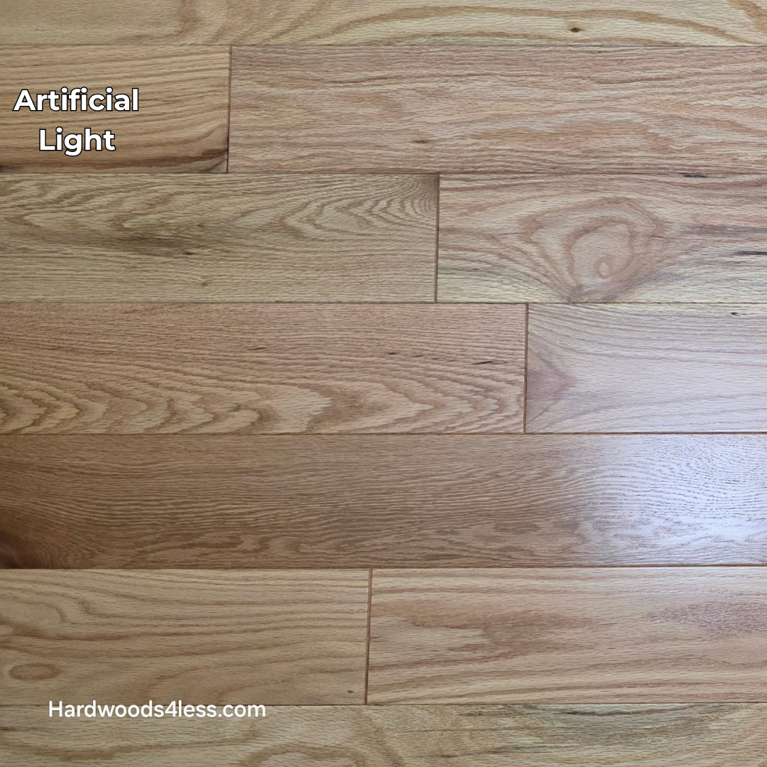 5" x 3/4" Solid Red Oak Natural Mill Run Hardwood Flooring. Shown in Artificial lighting.