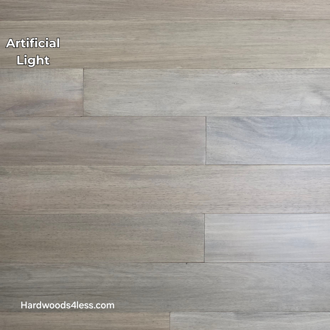 5" x 9/16" Engineered Brazilian Oak Light Grey Hardwood Flooring. Shown in artificial lighting.