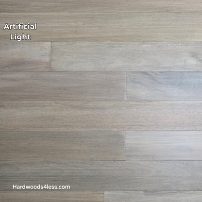 5" x 9/16" Engineered Brazilian Oak Light Grey Hardwood Flooring. Shown in artificial lighting.