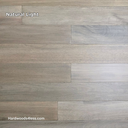5" x 9/16" Engineered Brazilian Oak Light Grey Hardwood Flooring. Shown in natural lighting.
