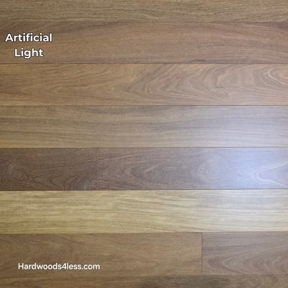 5" x 9/16" Engineered Brazilian Teak Hardwood Flooring. Shown in artificial lighting.