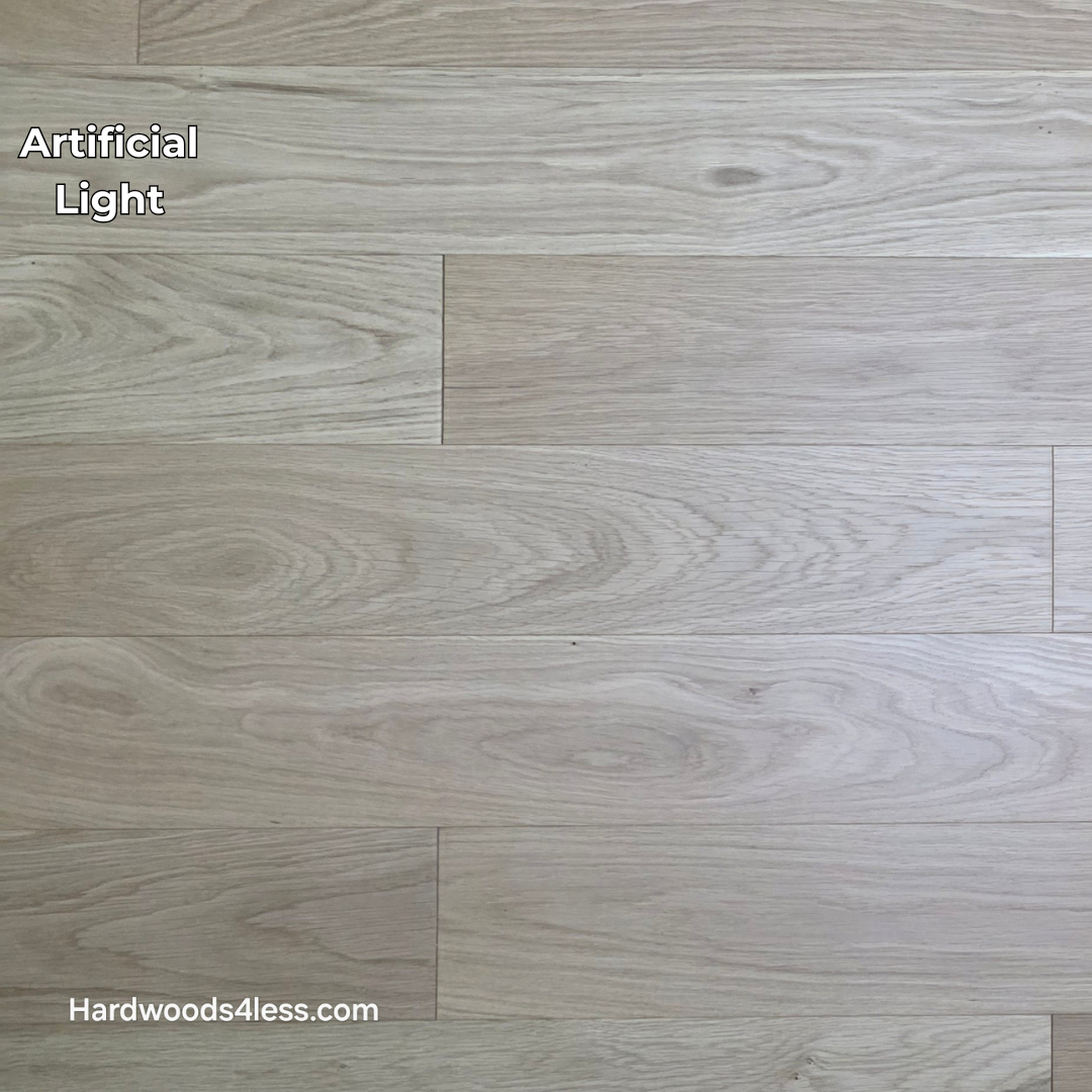5" x 9/16" Engineered European Oak Natural Hardwood Flooring. Shown in artificial lighting. 