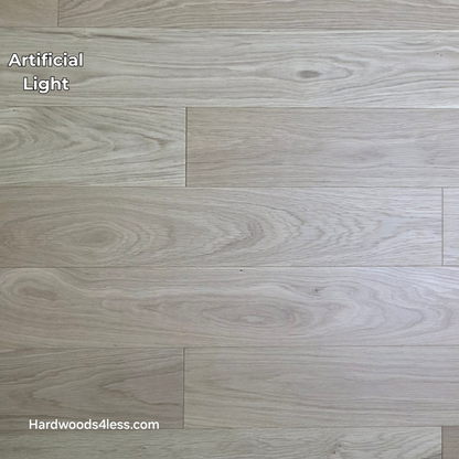 5" x 9/16" Engineered European Oak Natural Hardwood Flooring. Shown in artificial lighting. 