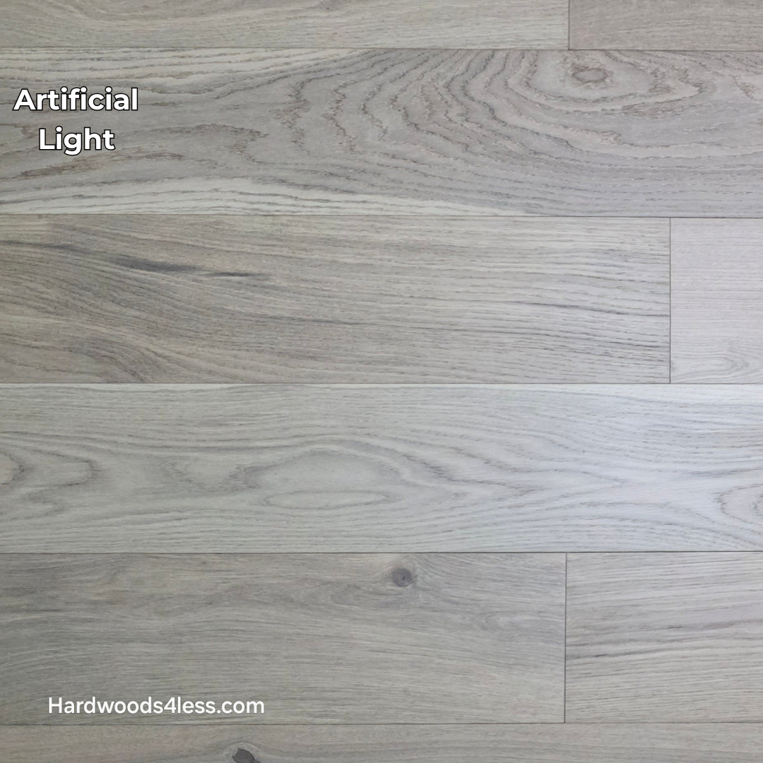 6 1/2" x 1/2" Engineered European White Oak Mojito Hardwood Flooring. Shown in artificial lighting.