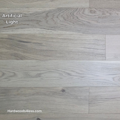 6 1/2" x 1/2" Engineered European White Oak Mojito Hardwood Flooring. Shown in artificial lighting.
