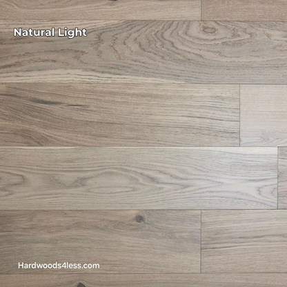 6 1/2" x 1/2" Engineered European White Oak Mojito Hardwood Flooring. Shown in natural lighting.