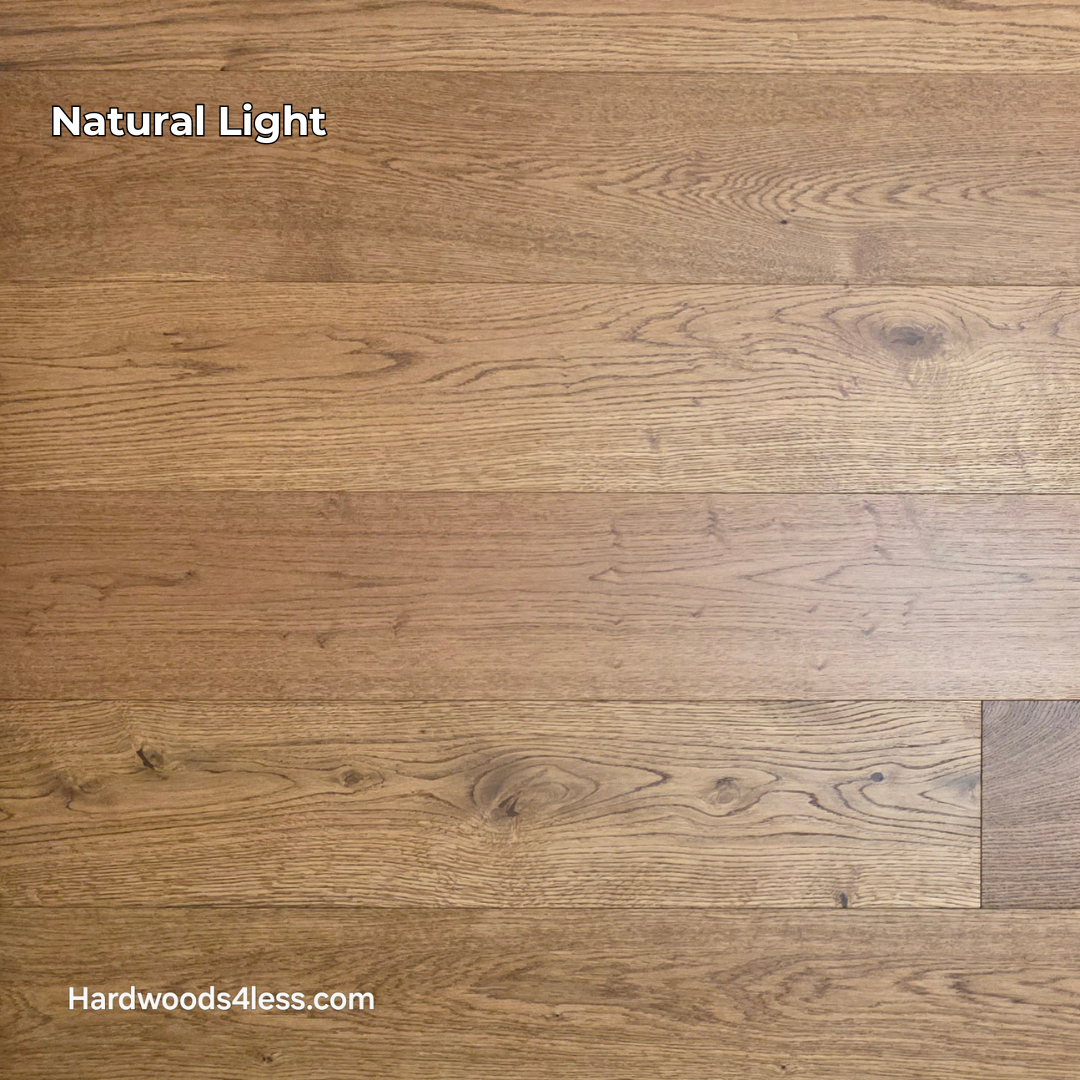 6 1/2" x 1/2" Engineered European White Oak Tequila Sunrise Hardwood Flooring. Shown in natural lighting.