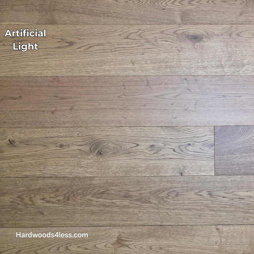6 1/2" x 1/2" Engineered European White Oak Tequila Sunrise Hardwood Flooring. Shown in artificial lighting.