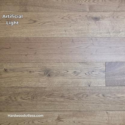 6 1/2" x 1/2" Engineered European White Oak Tequila Sunrise Hardwood Flooring. Shown in artificial lighting.